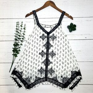 Lucky Brand Black and White V-Neck Key Hole Back Embroidered Design Blouse XS